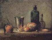 Jean Baptiste Simeon Chardin Orange silver apple pears and two glasses of wine bottles Spain oil painting artist